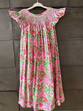 Ruffles and Frogs Smocked Flutter Sleeve Floral Dress in Pink & Green 5T